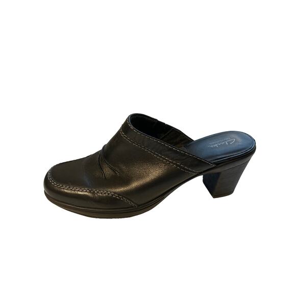 Clarks Bendables Mule Clog Heel Black Size 7 Leather Stitch Detail - Picture 3 of 9
